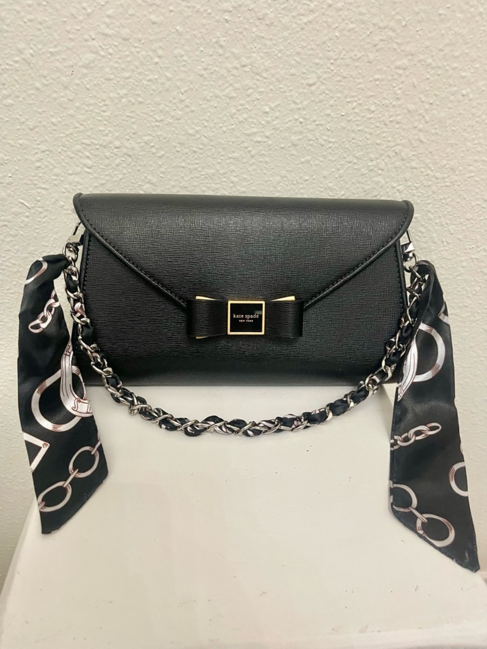 Bag Charm: Black Silver Bag Charm Chain Strap with Printed  Scarves